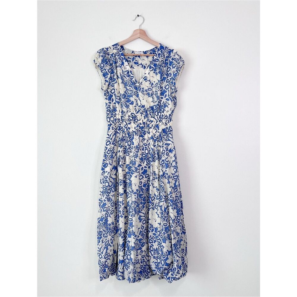 Current Air Blue White Floral Balloon Hem Midi Dress Smocked Waist Pockets Sz M - Picture 2 of 12